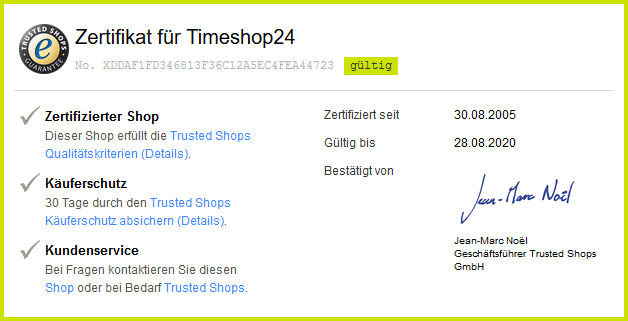 Timeshop24 - Trusted Shops Zertifikat